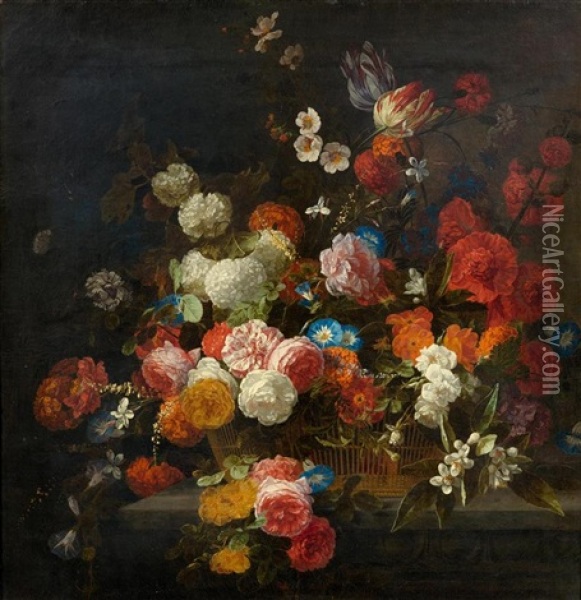 A Bouquet Of Flowers In A Basket With Roses, Snowballs And Tulips Oil Painting - Hieronymus Galle the Elder