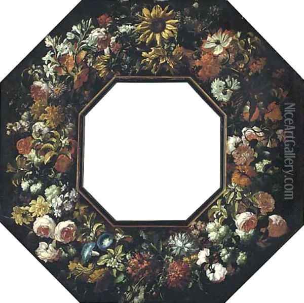 A floral cartouche with sunflowers Oil Painting - Giovanni Stanchi