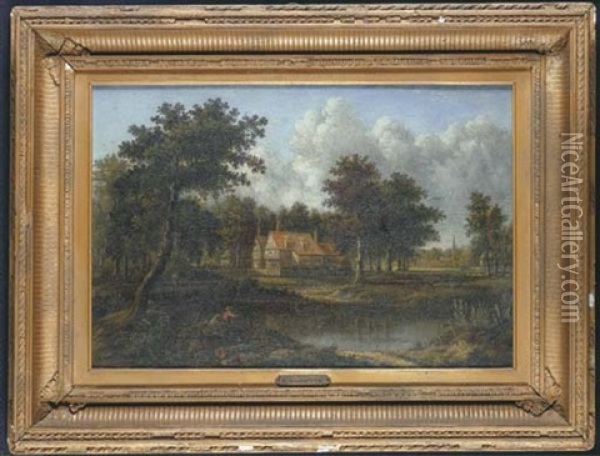 An Angler By A House In A Wooded River Landscape Oil Painting - Patrick Nasmyth