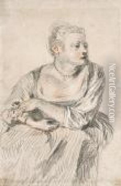 A Seated Woman With A Generous Dcollet, Her Arms Folded On Her Lap,looking To The Right Oil Painting - Watteau, Jean Antoine