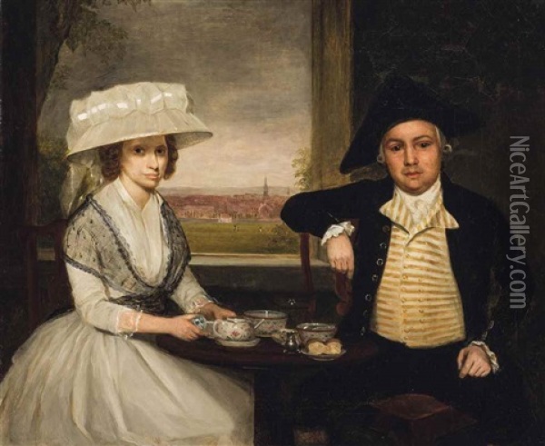 Portrait Of A Gentleman And A Lady, Three-quarter-length, Both Seated At A Table Taking Tea In An Interior, A Town Beyond Oil Painting - John Thomas (Seaton) Seton