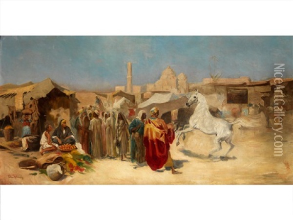 Arabischer Markt Mit Vorfuhrung Eines Araber-schimmelhengstes Oil Painting - Tadeusz Ajdukiewicz