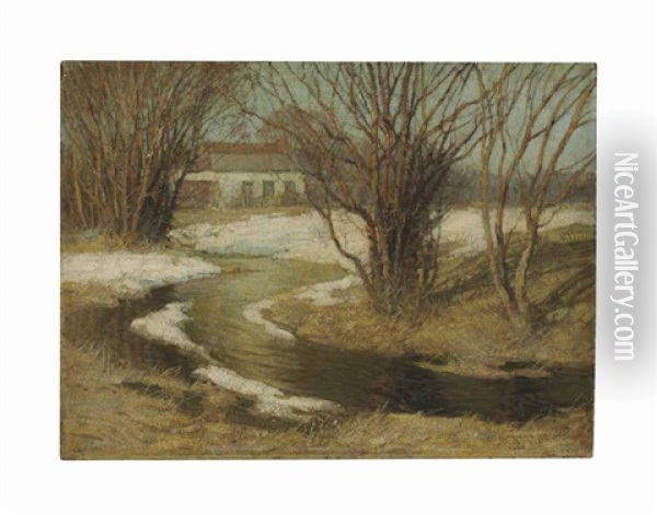 House By A Stream Oil Painting - Frederick J. Mulhaupt