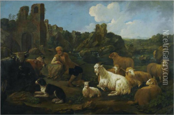 A Landscape With A Herder, Cattle, Sheep And A Dog In Theforeground Oil Painting - Jakob Roos