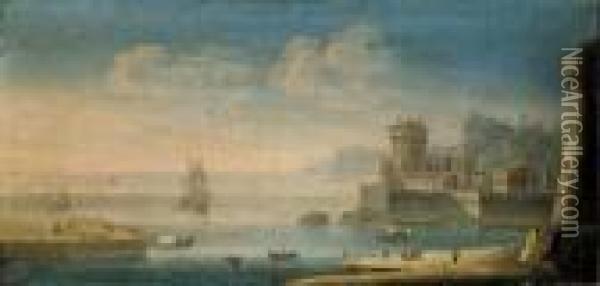 Marina Mediterranea Con Fortificazioni Costiere, Un Vascello Evarie Lance Alla Rada Oil Painting - Orazio Grevenbroeck