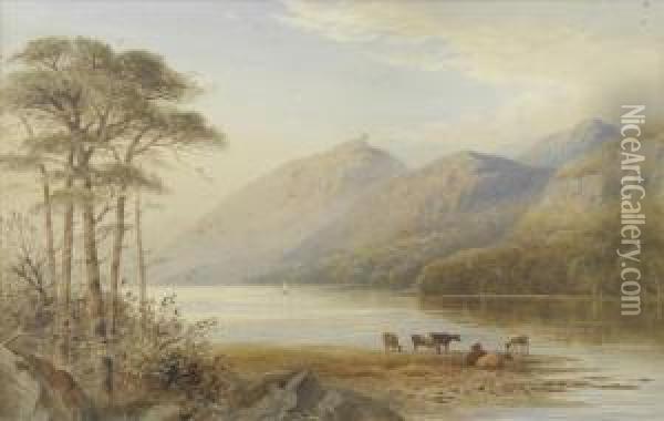 A Scene On Lochmaree, Cattle Watering In The Shallows, Sailing Boats Beyond Oil Painting - Cornelius Pearson