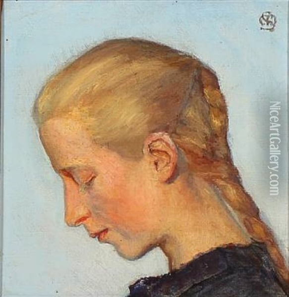 Young Girl In Profile Oil Painting - Marie Sandholt