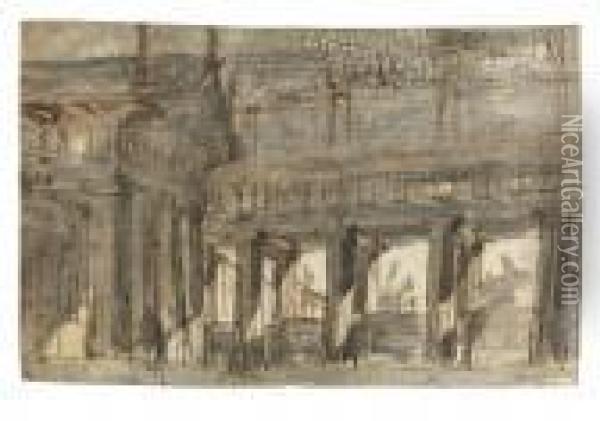 A Temple And A Colonnade Oil Painting - Giovanni Battista Piranesi