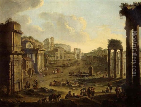 Rome, A View Of The Campo Vaccino, With The Arch Of Titus And The Colossseum In The Distance Oil Painting - Antonio Joli