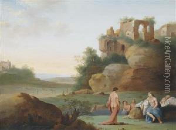 Southern Landscape With Nymphs Bathing Oil Painting - Jan van Haensbergen