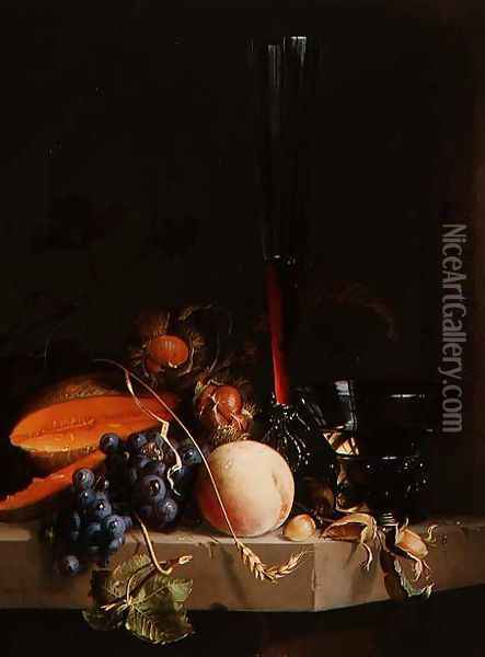 Still life of fruit on a ledge with a roemer and a wine glass Oil Painting - Jacob van Walscapelle