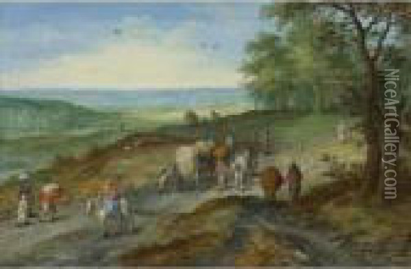 A Panoramic Landscape With A Covered Wagon And Travelers On Ahighway Oil Painting - Jan The Elder Brueghel