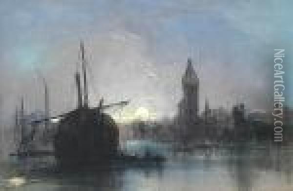 Harbour Scene By Moonlight Oil Painting - Henry Bright