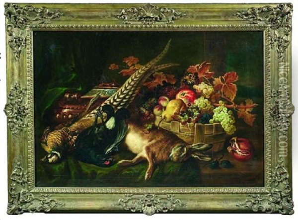 Prunkstilleben Mit Erlegtem Hasen, Geflugel, Obst Und Kupferkessel Oil Painting - Ludwig Adam Kunz
