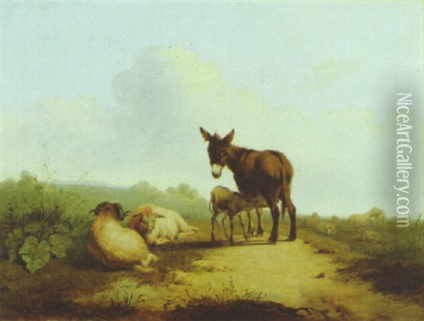 Donkeys And Sheep In A Meadow Oil Painting - Edmund Bristow