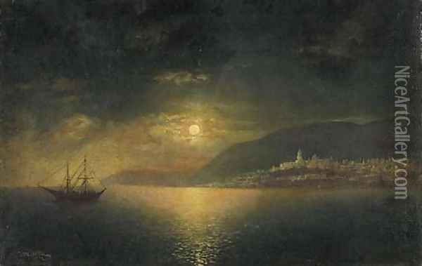Coastal City with Shipping by Moonlight Oil Painting - Rufin Gavrilovich Sudkovskii