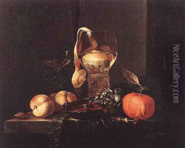 Still-Life with Silver Bowl, Glasses, and Fruit 1658 Oil Painting - Willem Kalf