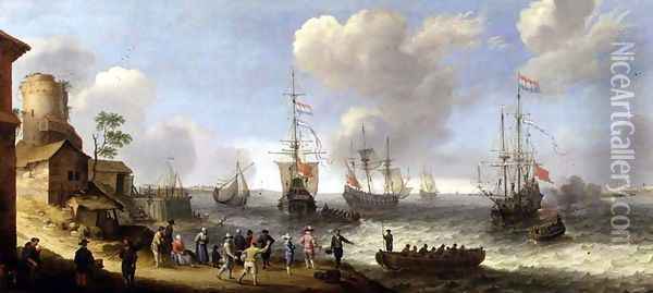 Dutch Warships in an Estuary Oil Painting - Adam Willaerts