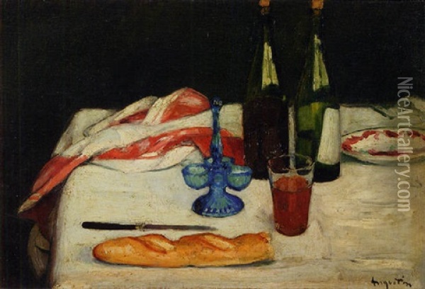 Bouteilles De Vin, Saliere Et Pain Sur Une Nappe Blanche Oil Painting - Louis Anquetin