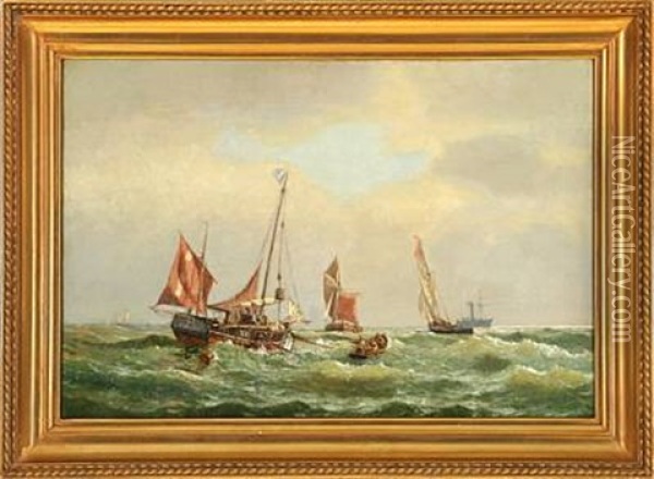 Marine With Fishing Boats And Others Ships On Open Sea Oil Painting - Carl Johann Neumann
