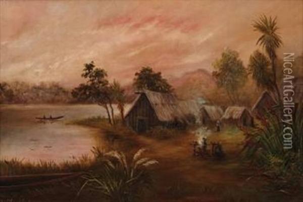 Maori Village And River Scene Oil Painting - Charles Henry Howorth