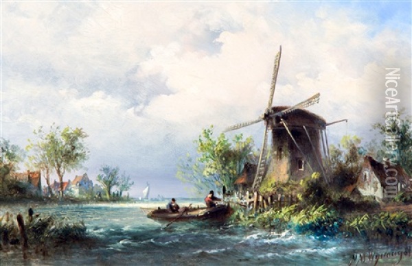 Dutch Landscape With A Rowing Boat Moored Near A Windmill Oil Painting - Nicolaas Martinus Wijdoogen