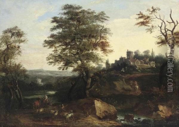 A Wooded River Landscape, With Shepherds And Their Cattle, A Townbeyond Oil Painting - Francesco Zuccarelli