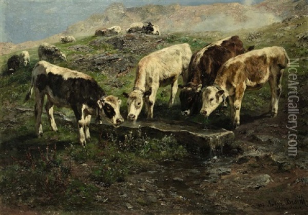Kuhe, Schafe Und Ziegen Auf Der Almweide Oil Painting - Anton Braith
