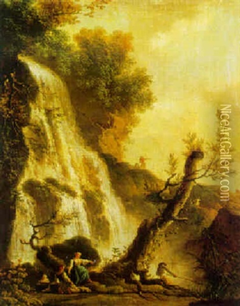 Italianate Landscape With A Waterfall And Figures Below     Including A Fisherman Pulling In His Net Oil Painting - Charles Francois Lacroix