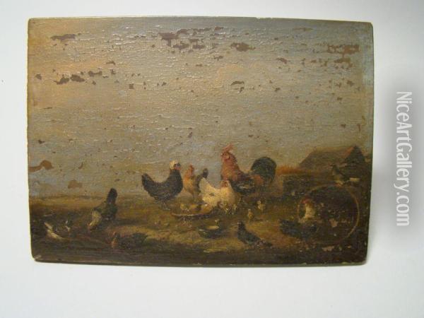 Roosters And Chicks Feeding Oil Painting - Eduard Handwerck