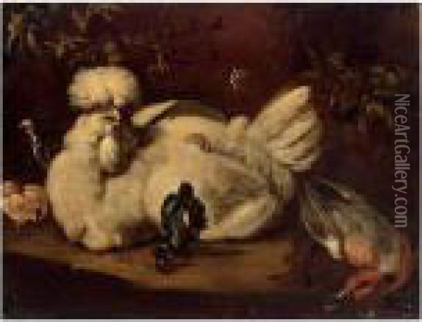 A Hen, Chicks And A Duck In A Landscape Oil Painting - Melchior de Hondecoeter