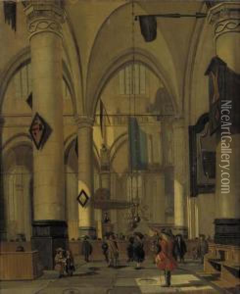 A View In A Gothic Church With Elegant Townsfolk Oil Painting - Hendrick Van Vliet