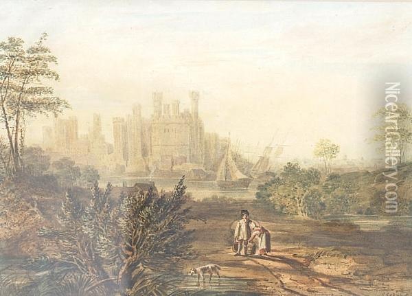 Caernarvon Castle With Figures In The Foreground Oil Painting - Edward Calvert
