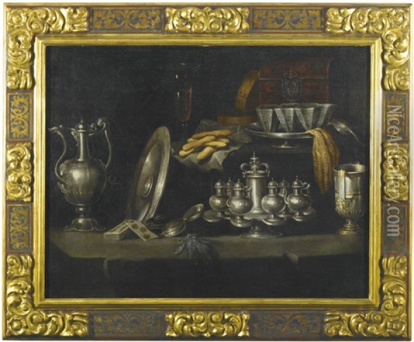 Still Life Of Silverware, Porcelain Cups, A Watch, A Pack Of Cards, A Glass Of Wine, Biscuits And A Tortoiseshell Case, All Upon A Roughly-hewn Stone Slab Oil Painting - Francisco Barrera