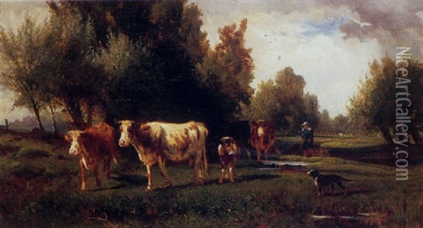 A Woman And Her Dog Leading Cows Across A Stream Oil Painting - Peter Moran