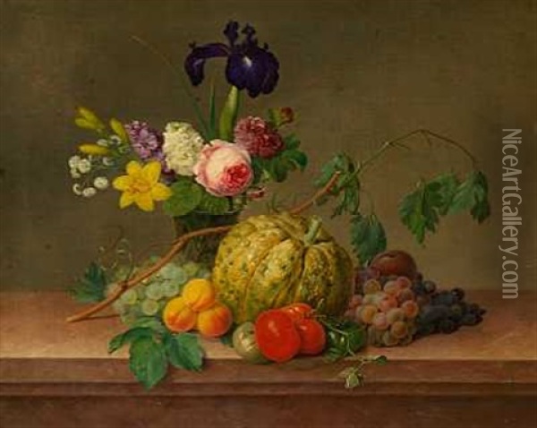Opstilling Med Blomster Og Frugter Pa En Stenkarm Oil Painting - Johannes Ludwig Camradt