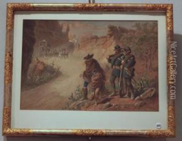 A Moving Stagecoach And A Man And Boys Surrendering To Guards Oil Painting - Carl Goebel