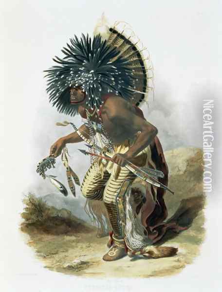 Pehriska-Ruhpa, Minatarre Warrior in the Costume of the Dog Dance, plate 23 from Volume 2 of 'Travels in the Interior of North America' 1844 Oil Painting - Karl Bodmer
