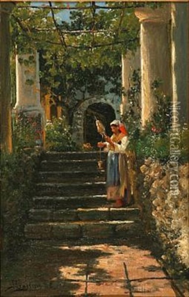 An Italian Woman With A Spindle On A Staircase Oil Painting - Karl Peter August Schlichting-Carlsen