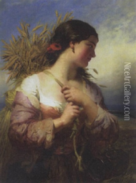 Harvest Girl Oil Painting - James John Hill