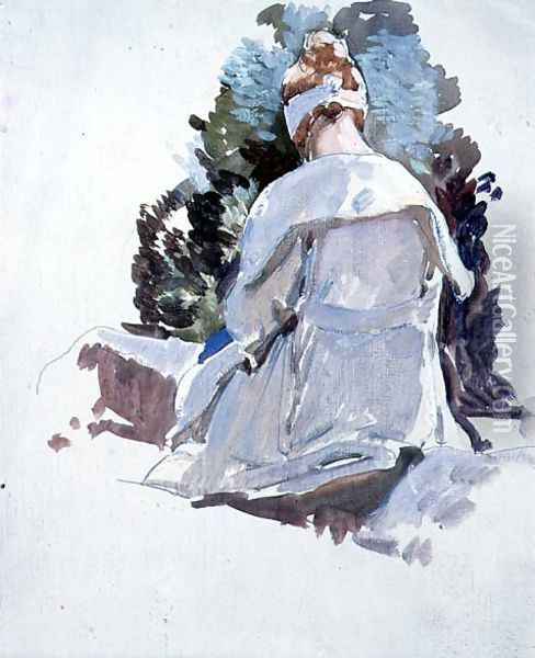 Woman in a white dress sitting upon rocks Oil Painting - Harry Watson