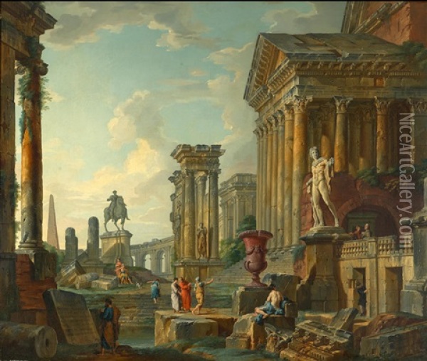 A Capriccio Of Roman Ruins With The Apollo Belvedere And The Equestrian Statue Of Marcus Aurelius Oil Painting - Giovanni Paolo Panini