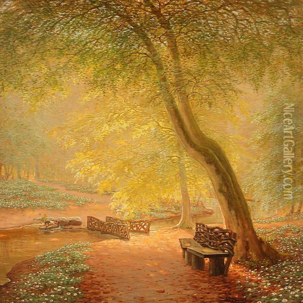 Spring Day In A Forest With Two Boys Playing At Astream Oil Painting - Peter Busch