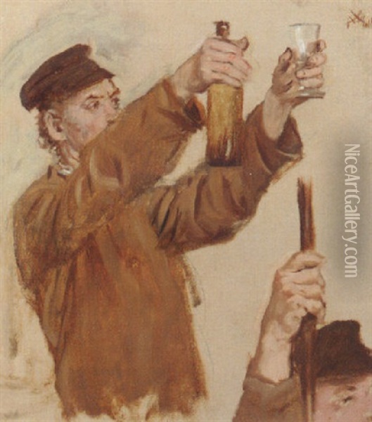 A Man Raising A Glass And Bottle Oil Painting - Xavier Mellery