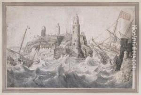 Ships In Stormy Seas Off The Coast Near A Lighthouse And A Castle Oil Painting - Adam Willaerts
