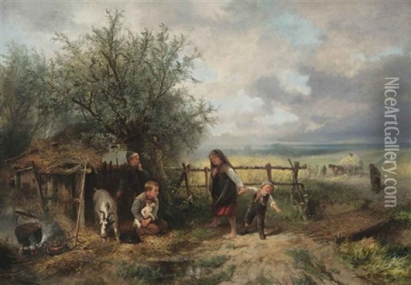 Playing With The Goat On Harvest Day Oil Painting - Mari ten Kate