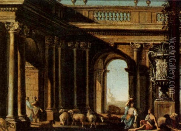 A Classical Building With Shepherds And Their Flock Of Sheep Oil Painting - Alberto Carlieri