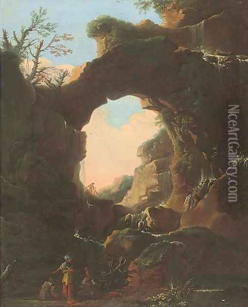 A grotto with a waterfall, figures conversing in the foreground Oil Painting - Salvator Rosa