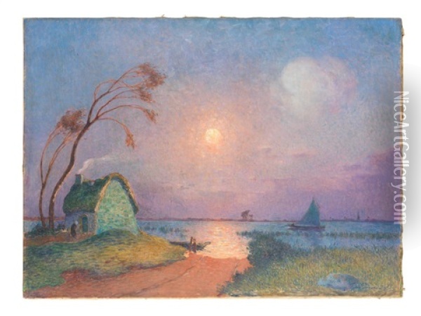 Chaumiere Au Clair De Lune En Briere Oil Painting - Ferdinand du Puigaudeau