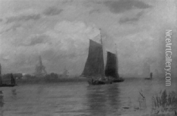 Dutch Sailboats On A River Oil Painting - Frederic Marlett Bell-Smith